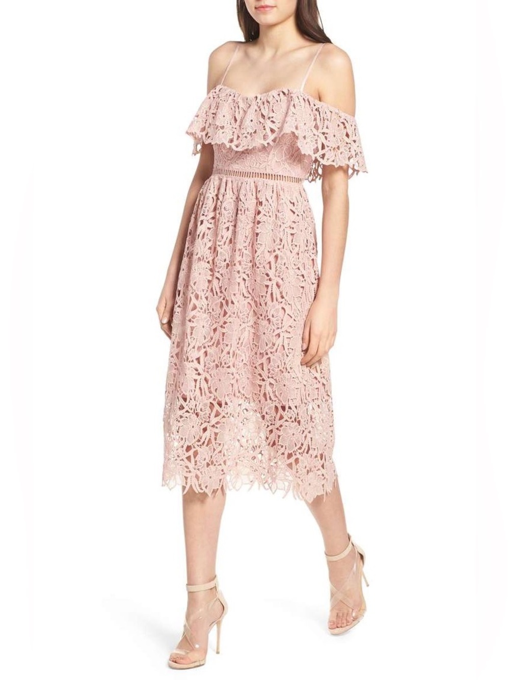 Astr the Label Off-Shoulder Pink Lace Midi Dress